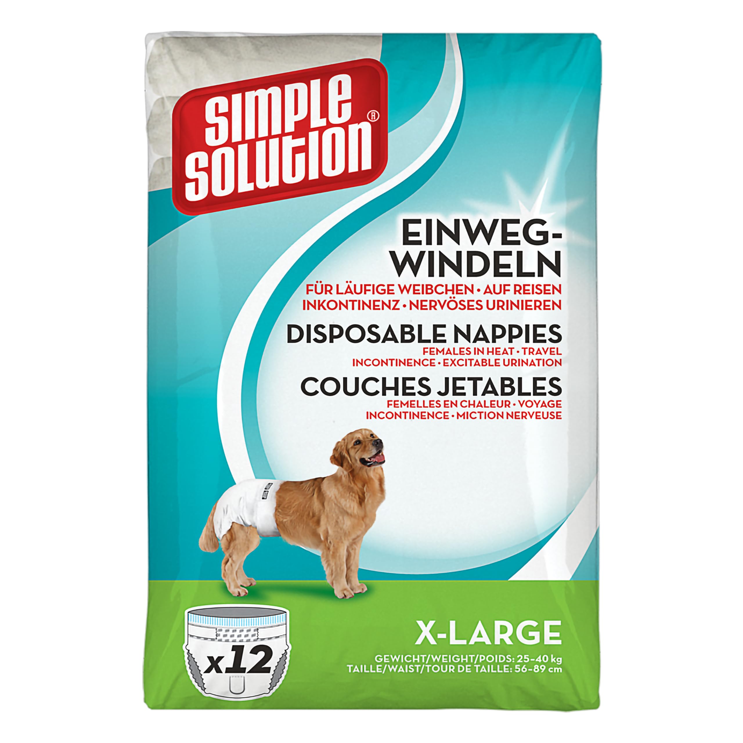 Simple Solution Disposable Dog Diapers for Female Dogs, Super Absorbent Leak-Proof Fit with Wetness Indicator for Excitable Urination, Incontinence or females in heat - 12 pack
