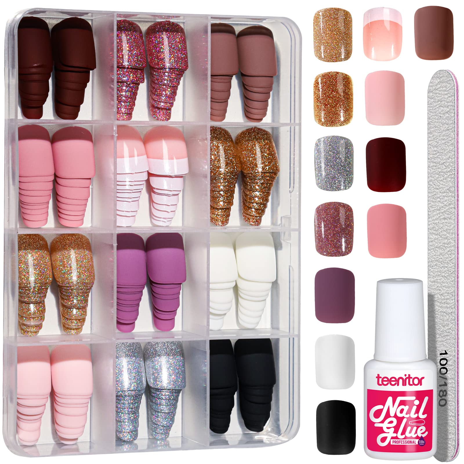 Teenitor Short Press on Nails - 288Pcs Matte Acrylic Square Fake Nails Full Cover, Glitter False Nails Glue on - Image 2