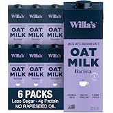Willa's Organic Barista Oat Milk, Low Sugar, No Rapeseed Oil, 32oz, 6 Pk | Barista blend, Non-GMO, Low sugar, Shelf stable, Non-dairy, Whole grain oats, Organic ingredients, No rapeseed oil, No gums