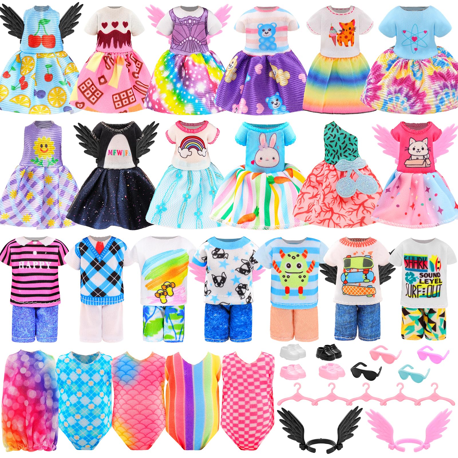 Miunana 25 PCS 5.3 Inch Girl Doll Clothes Dress Outfits and Shoes with 4 Pairs of Shoes for 4-6 Inch Girl Dolls Clothes and Accessories Doll Top and Pants Wings