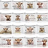 Pinkunn 16 Pcs Valentines Canvas Makeup Bags Bulk Inspirational Christian Women Religious Galentine Gifts Inspirational Bible Verse Pencil Pouch Makeup Bags with Zipper for Travel(Highland Cow)