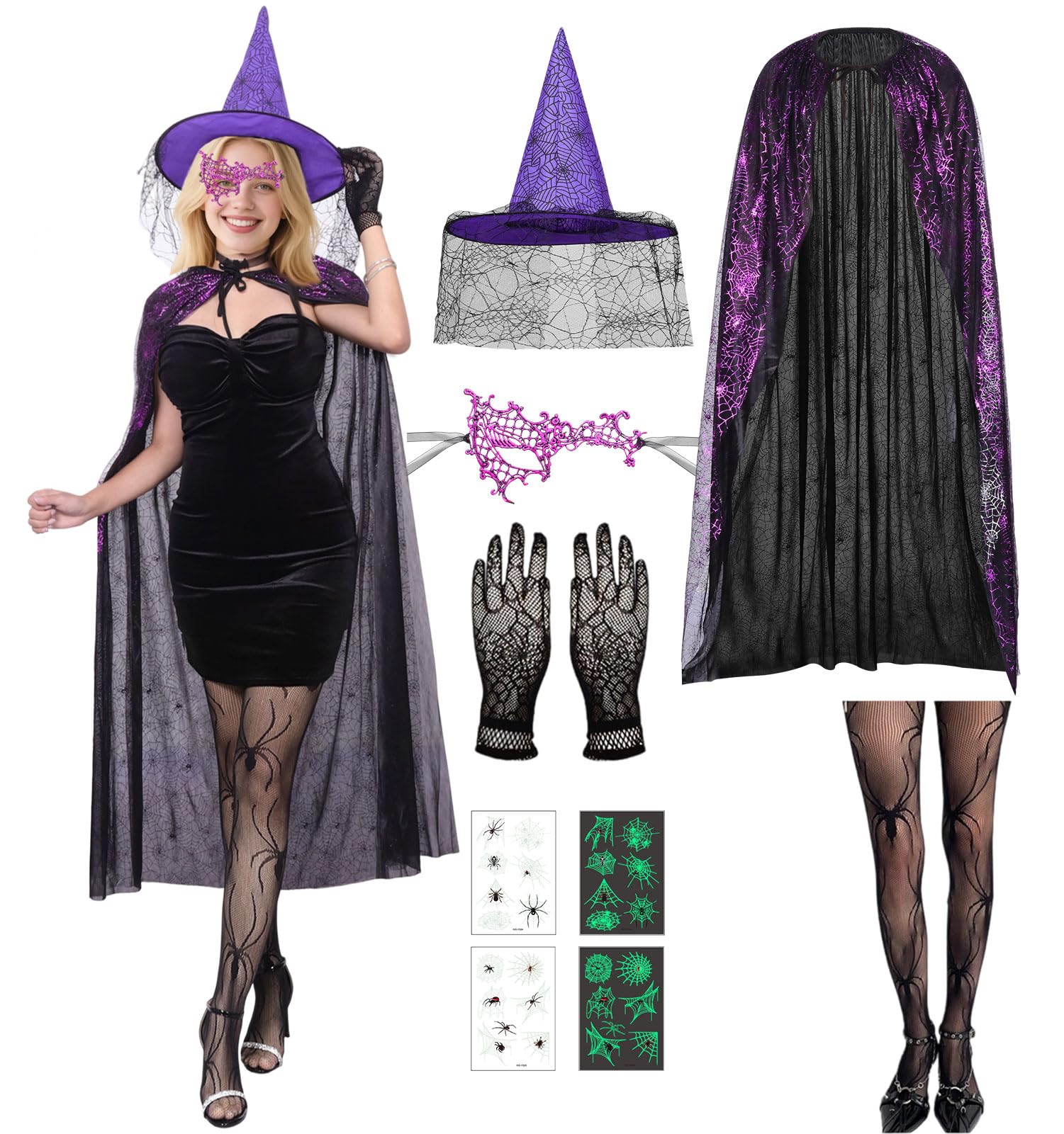 HarnyLoom Witch Costume Adult Spider Women Halloween Costume, 7 Pcs Spider Cape Purple Witch Hat Stockings Mask Gloves Halloween Accessories Fancy Dress Outfit Cosplay