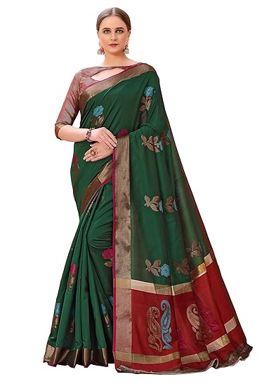 Women's Banarasi Cotton Silk Blend Saree With Unstitched Blouse Pieces