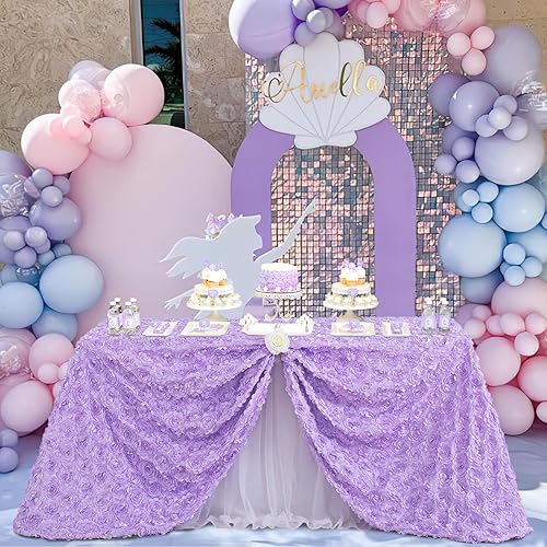 Lavender Rosette Tablecloth 50x80 Inches Rosette Satin Tablecloth 3D Rosette Table Line Rectangle Table Cover Wedding Banquet Party Baby Shower Decor