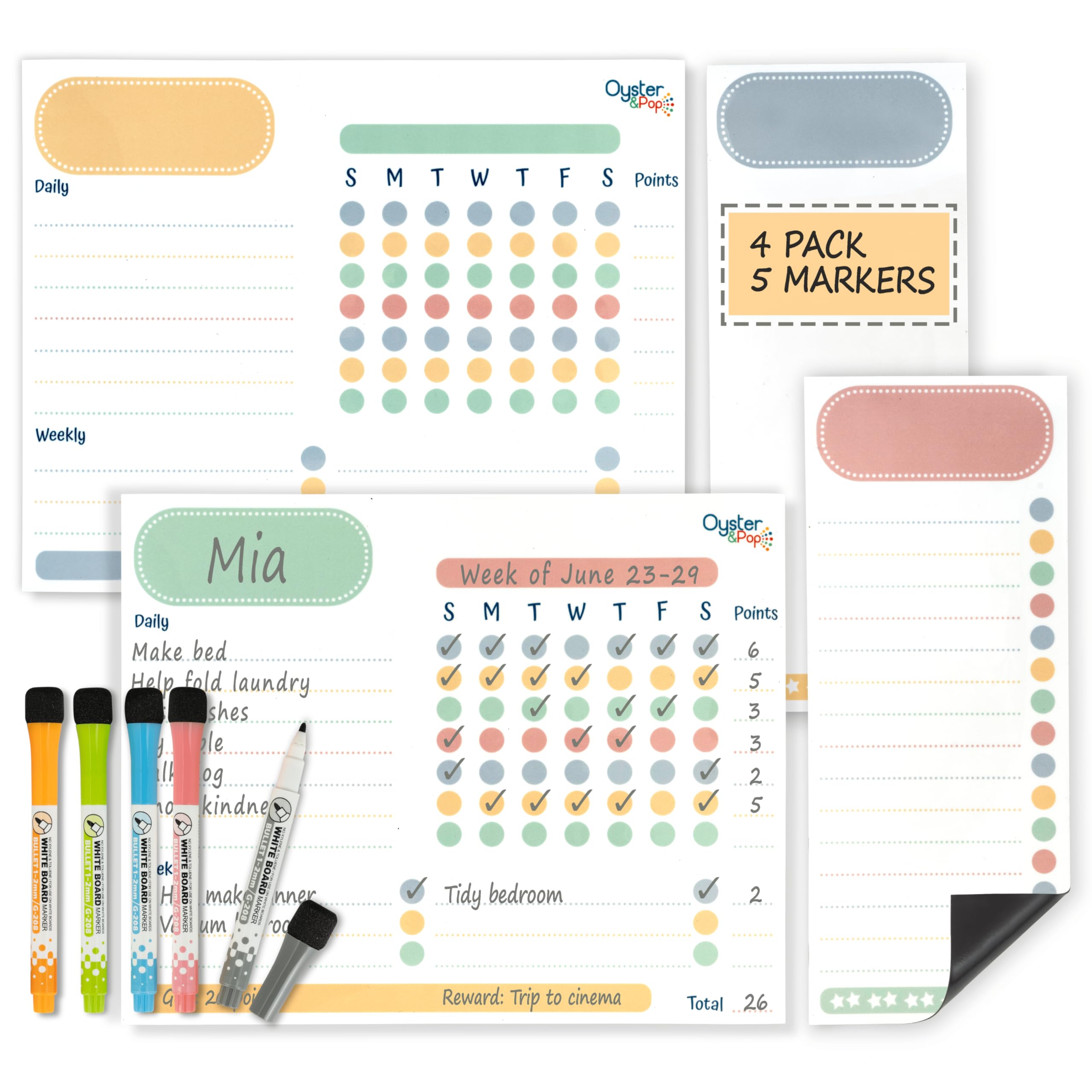 Magnetic Chart Set for Multiple Kids & Adults - Fine Tip Markers - Dry Erase Refrigerator Boards - Reward Good Behaviour & Responsibility - Organise the Family (Pastel)