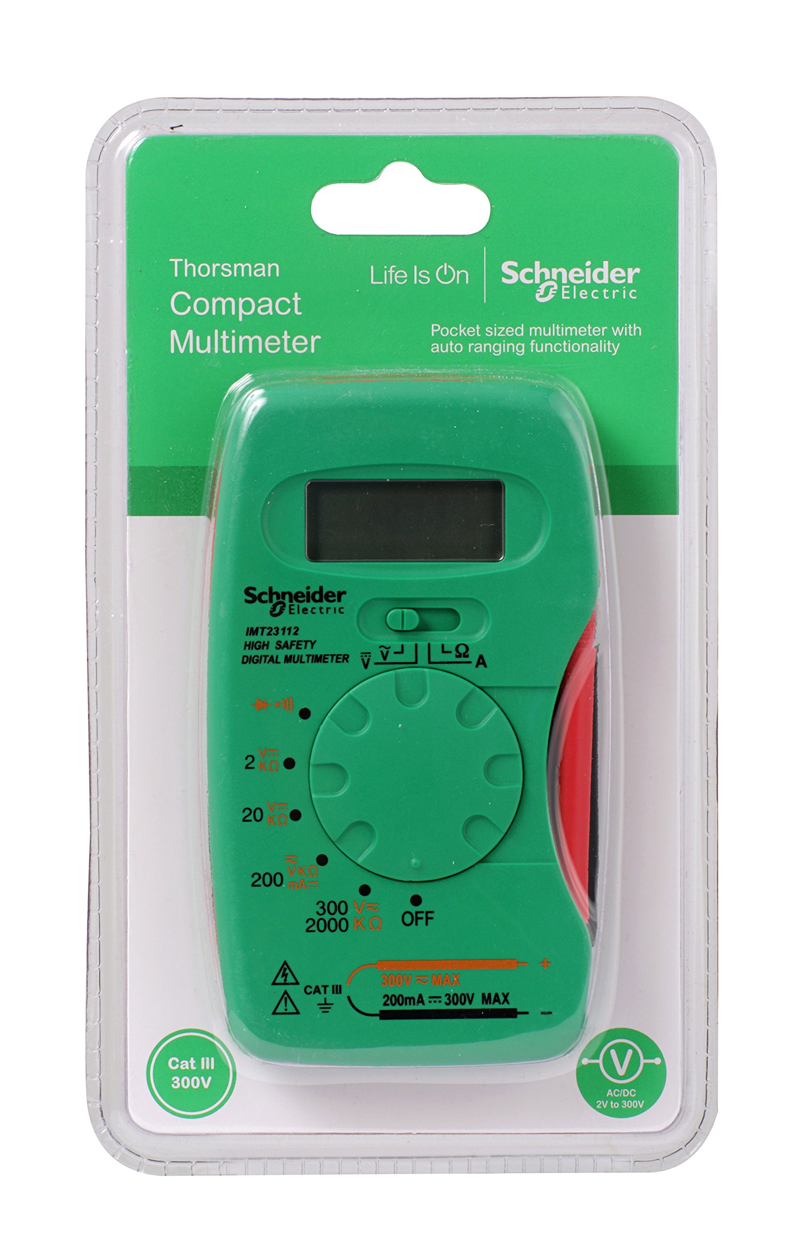 Schneider Electric Thorsman Compact Digital Multimeter with LCD Display, 300V, Category 4, Battery 12V, 300V, Green, Part Number IMT23212