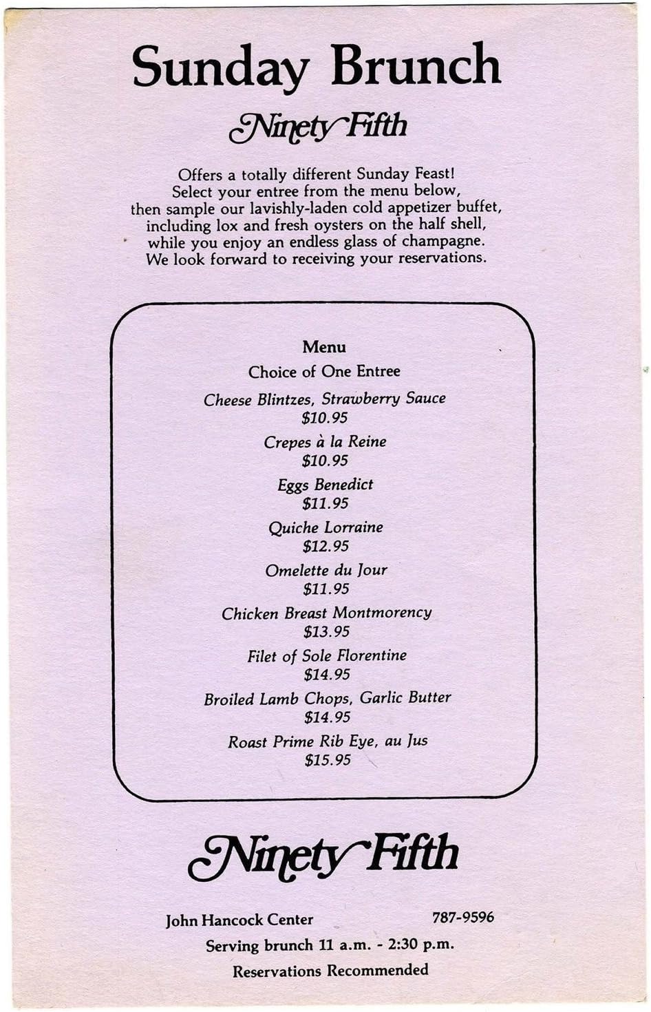 Amazon Com Ninety Fifth Restaurant Sunday Brunch Menu John
