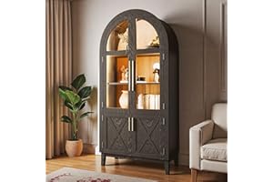 Topcomfy 75”H Arched Storage Cabinet with Glass Doors, Modern Display Cabinet with 3 Color Light, Glass Display Case with Human Body Sensor, 5 Tier Kitchen Pantry Cupboard for Living Room, Black&Oak