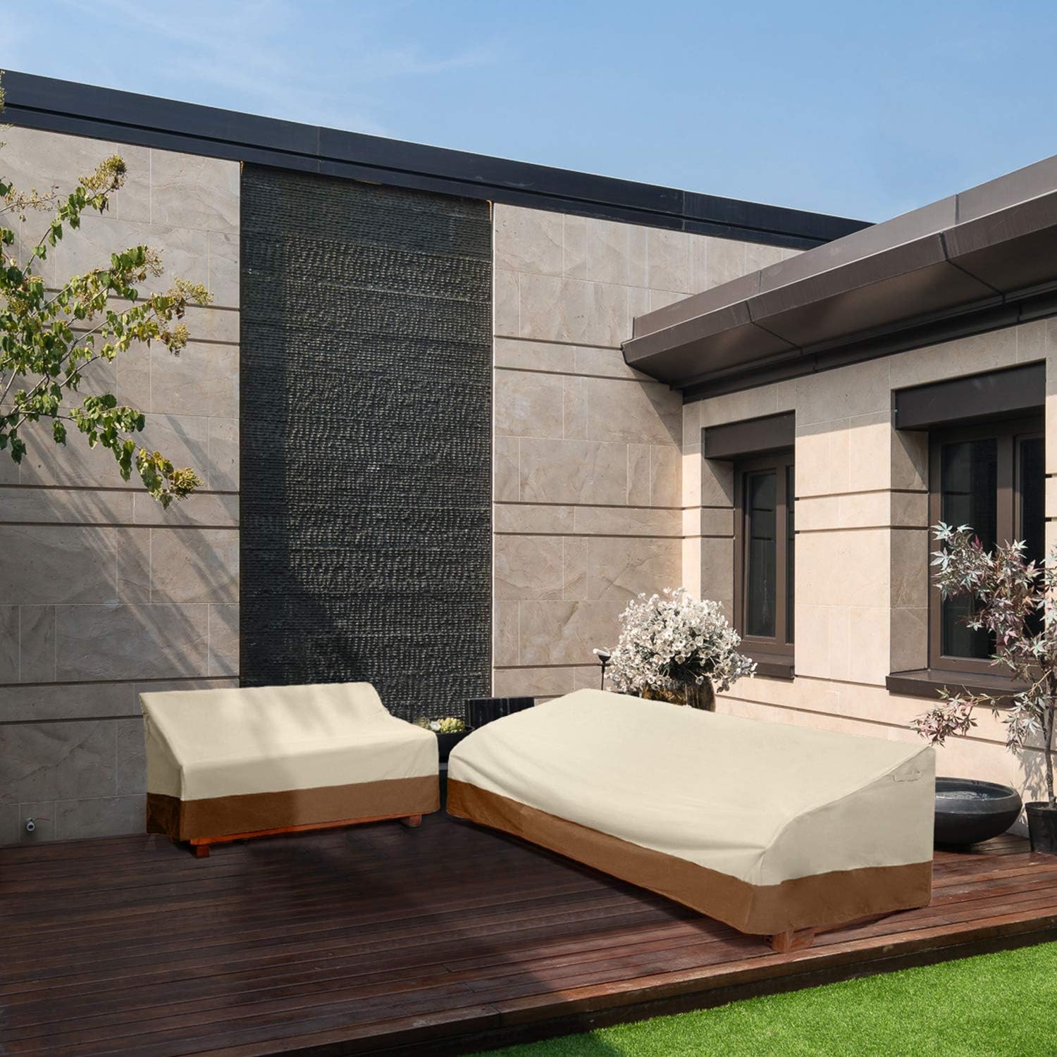 Delxo Patio Sofa Cover 3 Seater Waterproof Outdoor Sofa Cover Anti-UV Patio Furniture Sofa Cover with Elastic Hem and Padded Handles, Air Vents, Beige : Garden & Outdoor