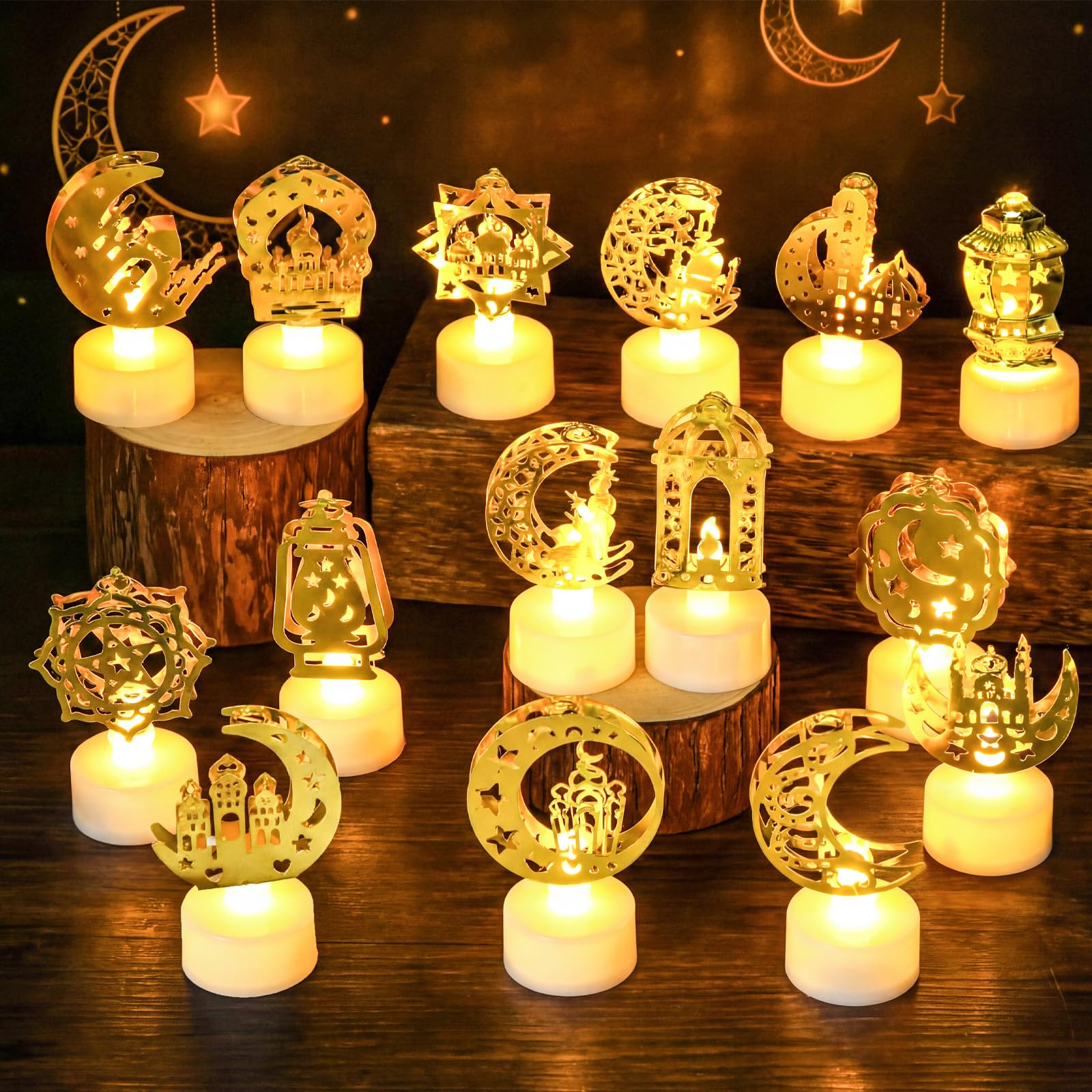 Photo 1 of Handepo 15 Pcs Mini Ramadan Lantern Mubarak Tea Lights Gold Moon Star Eid Flameless Candles with Lantern Mosque LED Battery Operated Ramadan Table Decoration Gift for Party Kitchen Home Indoor Outdoor