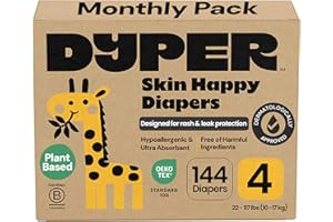 DYPER Baby Diapers Size 4 (144 Count) – Plant-Based, Hypoallergenic, Fragrance-Free & Ultra Absorbent Diapers for Day and Overnight Skin Protection, Value Pack Size 4 Diapers