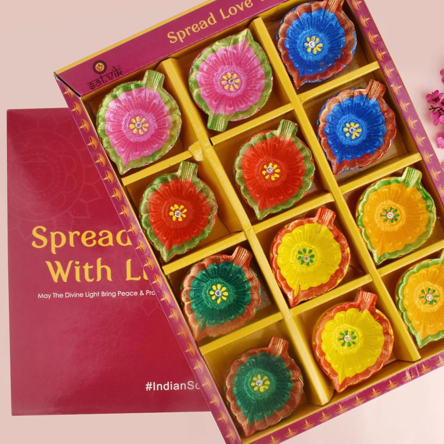 Oil Lamps & Accessories - SATVIK 12 Pc Multicolor Clay Diya Terracotta Dia Traditional Puja Vilakku Oil Lamp Natural Mitti Diya Tea Light Welcome Diwali Deepawali Navratri Pooja Décorations Indian Housewarming Return Gift Item