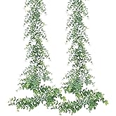 Dolicer 2 Pack Faux Eucalyptus Garland, 12Ft Artificial Vines Fake Hanging Eucalyptus Leaves Greenery Garland for Wedding Backdrop Arch Wall Table Party Indoor Outdoor Decor (Grey Green)