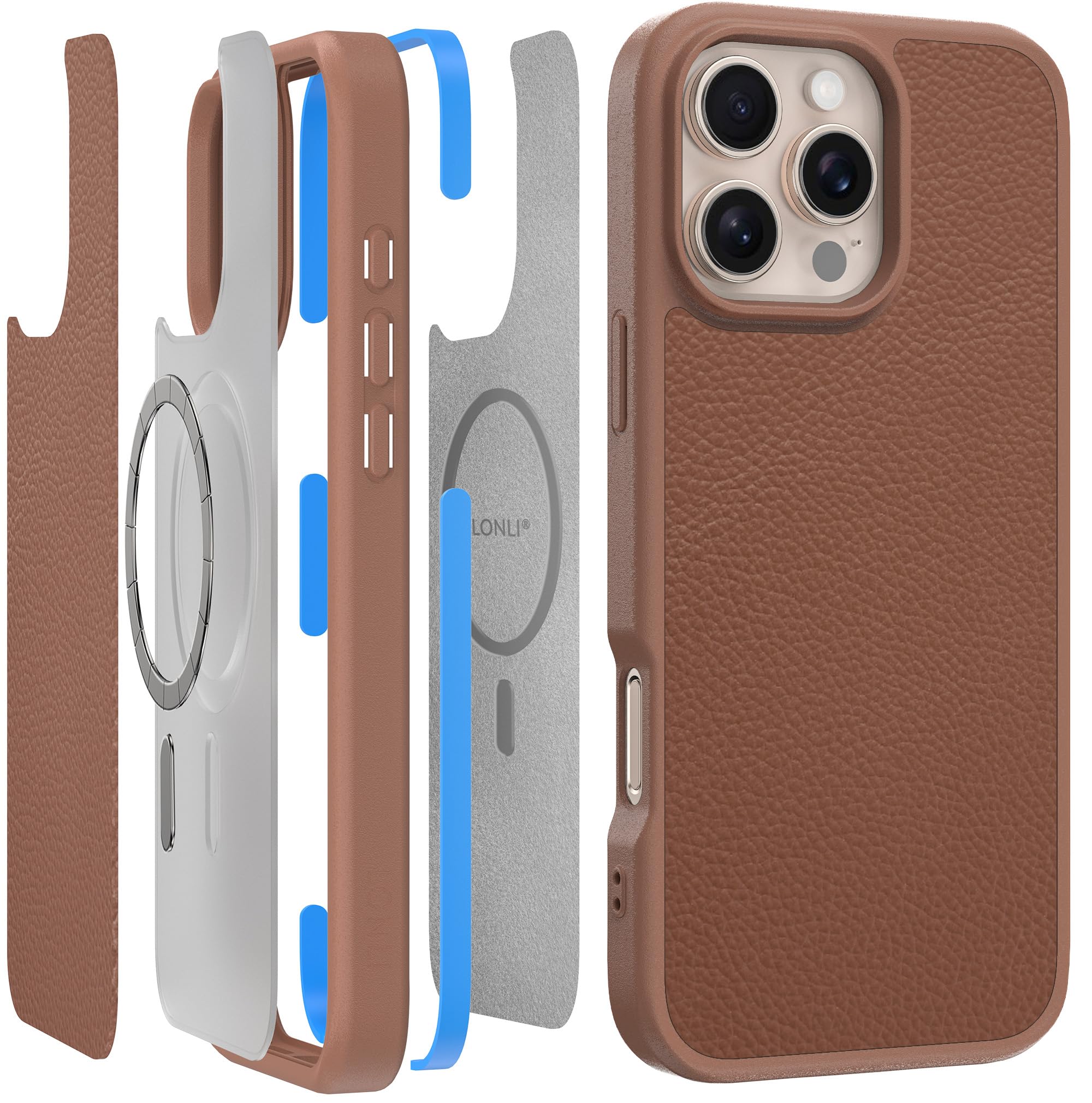 LONLI 2.0 - for iPhone 16 Pro Max Case - The Toughest Leather Magnetic Protective Phone Cover- [360° Shock-Absorbent Bumper and Inner TPE Frame] - [Compatible with Magsafe] - Brown Leather