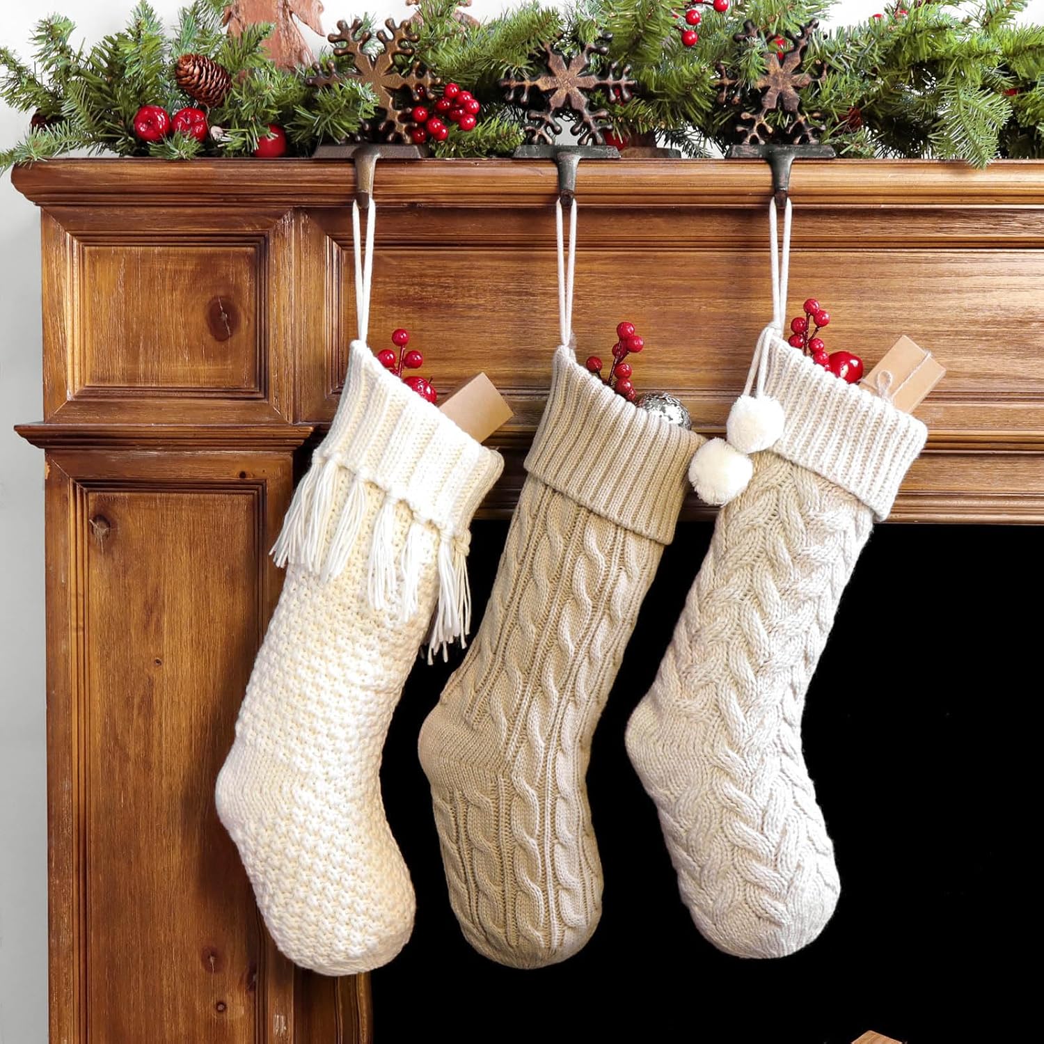 Stockings & Holders - LimBridge Christmas Stockings Cable Knit, 3 Pack 18 inches Large Size Knitted Xmas Stockings, Rustic Farmhouse Personalized Stocking Decorations for Family Holiday Season Decor, White & Beige