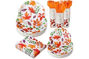Yungyan 252 Pcs Thanksgiving Paper Plates and Napkins Set Disposable Fall Autumn Maple Leaf Party Plates Cups Paper Napkins Knives Spoons Forks for Thanksgiving Fall Harvest Party Supply Serves 36