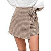 Floerns Women's Houndstooth Print Tie Front Skorts Asymmetrical Hem High Waist Skirt Shorts