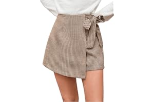 Floerns Women's Houndstooth Print Tie Front Skorts Asymmetrical Hem High Waist Skirt Shorts