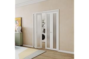 BARNER HOME Closet Doors, Double Frosted Glass Panel Bi-Fold Doors, Finished, Multifold Interior Doors, Folding Doors with Hardware Kits for for 48" (Double 24") x 80" Opening
