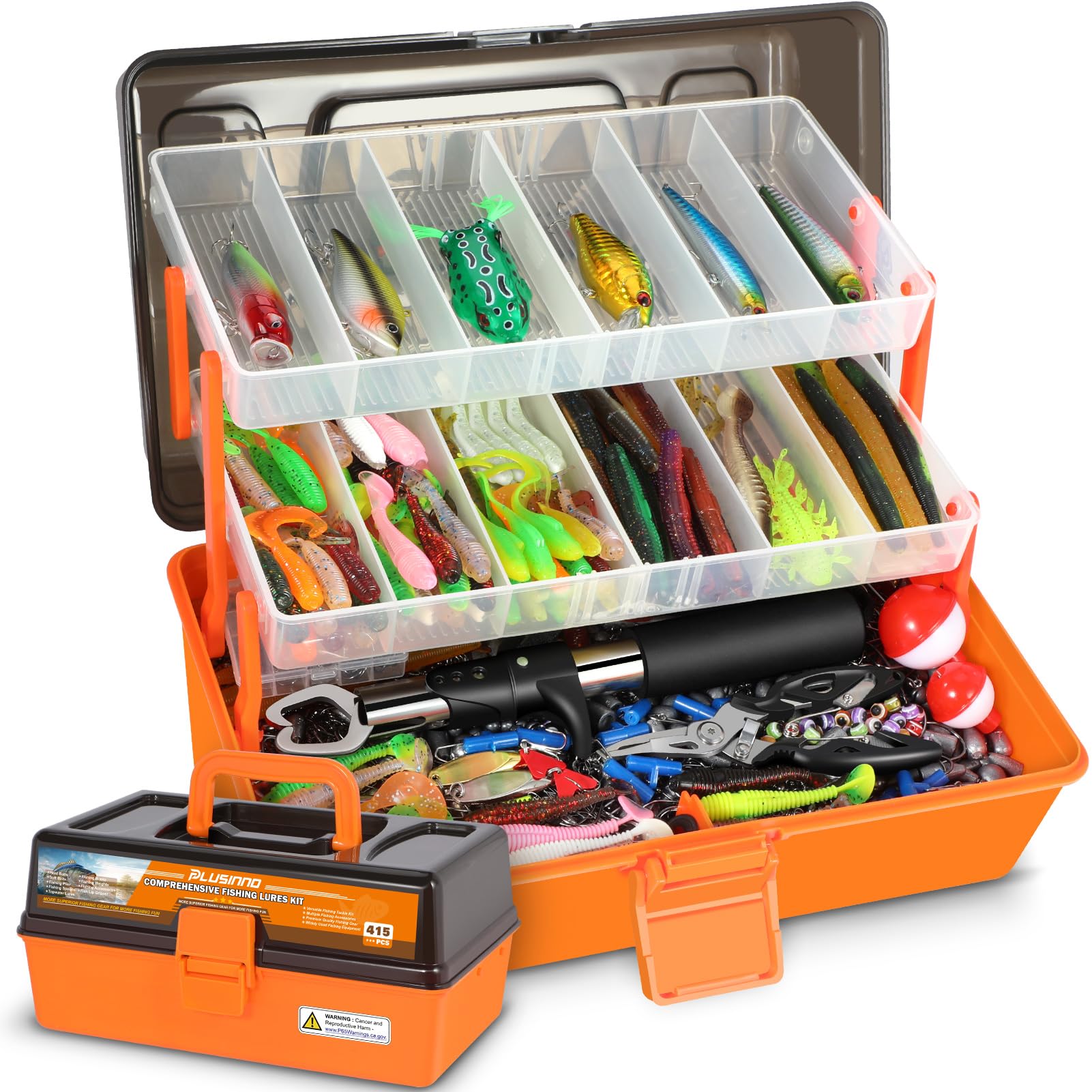 Photo 1 of PLUSINNO Large 3 Layers Tackle Box with Tackle Included, 415Pcs Fishing Lures Kit Contains Pliers, Crankbait, Hooks, Weights & Accessories, Comprehensive Bait Lure Gear Gifts for Men Bass Freshwater