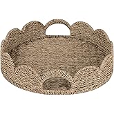 StorageWorks Round Wicker Scalloped Tray, Rattan Serving Trays with Handles, Seagrass Basket for Decorative & Organizing, 13" L x 13" W x 2.75" H