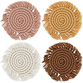 Guduling 4pcs Boho Macrame Coasters, Handmade Woven Coasters with Tassel Edges, for Coffee, Home, Kitchen, Office, Table Decoration