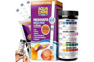 HEALTH METRIC Freshwater Aquarium Test Strips 6 in 1 - Fish Tank Test Kit for Testing pH Nitrite Nitrate Chlorine General & Carbonate Hardness (GH & KH) - Easy to Read Wide Strips & Full Water Testing Guide, 200 Ct