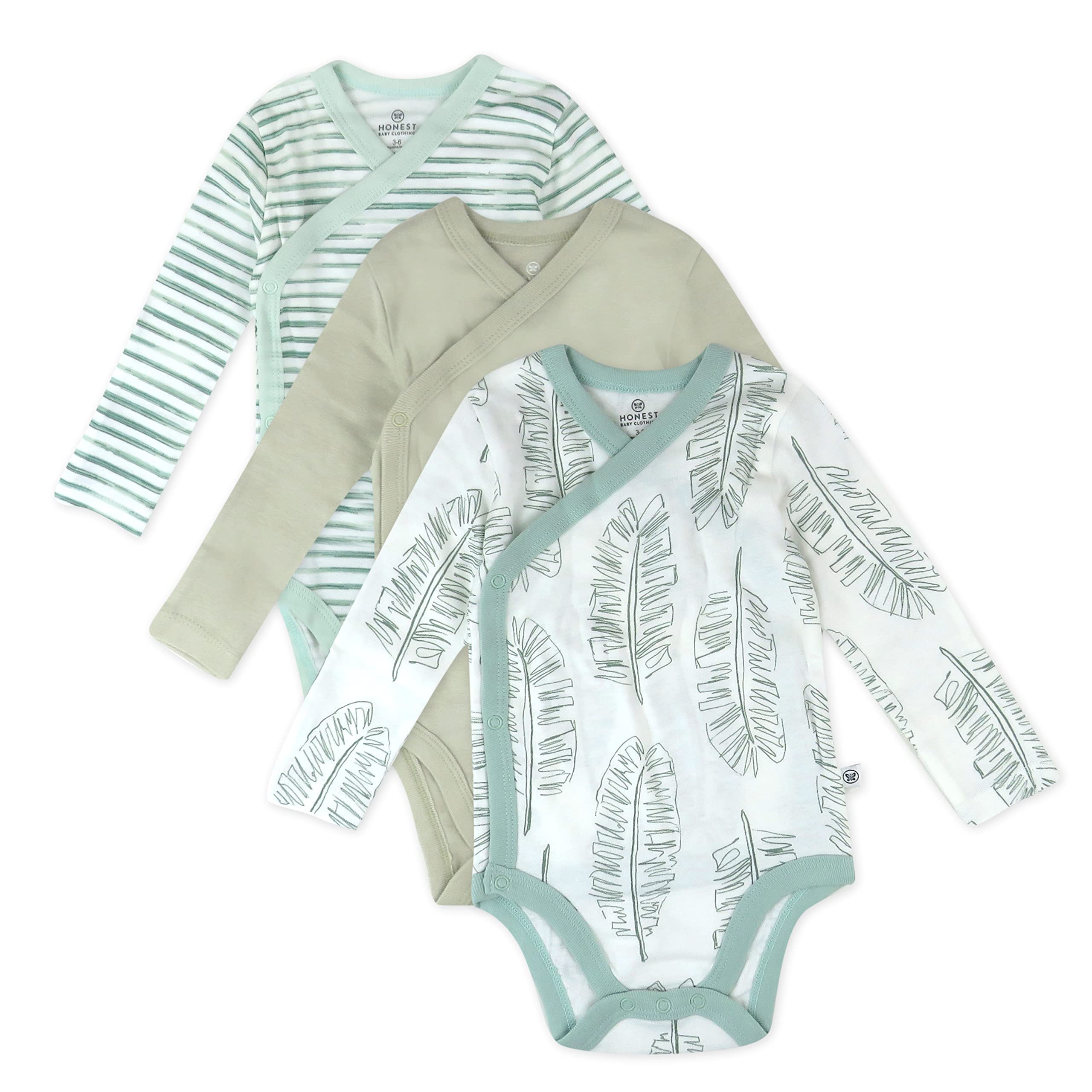 HonestBaby 3-Pack Organic Cotton Long Sleeve Side-Snap Kimono Onesies Bodysuits, Jumbo Leaf Sage, 6-9 Months