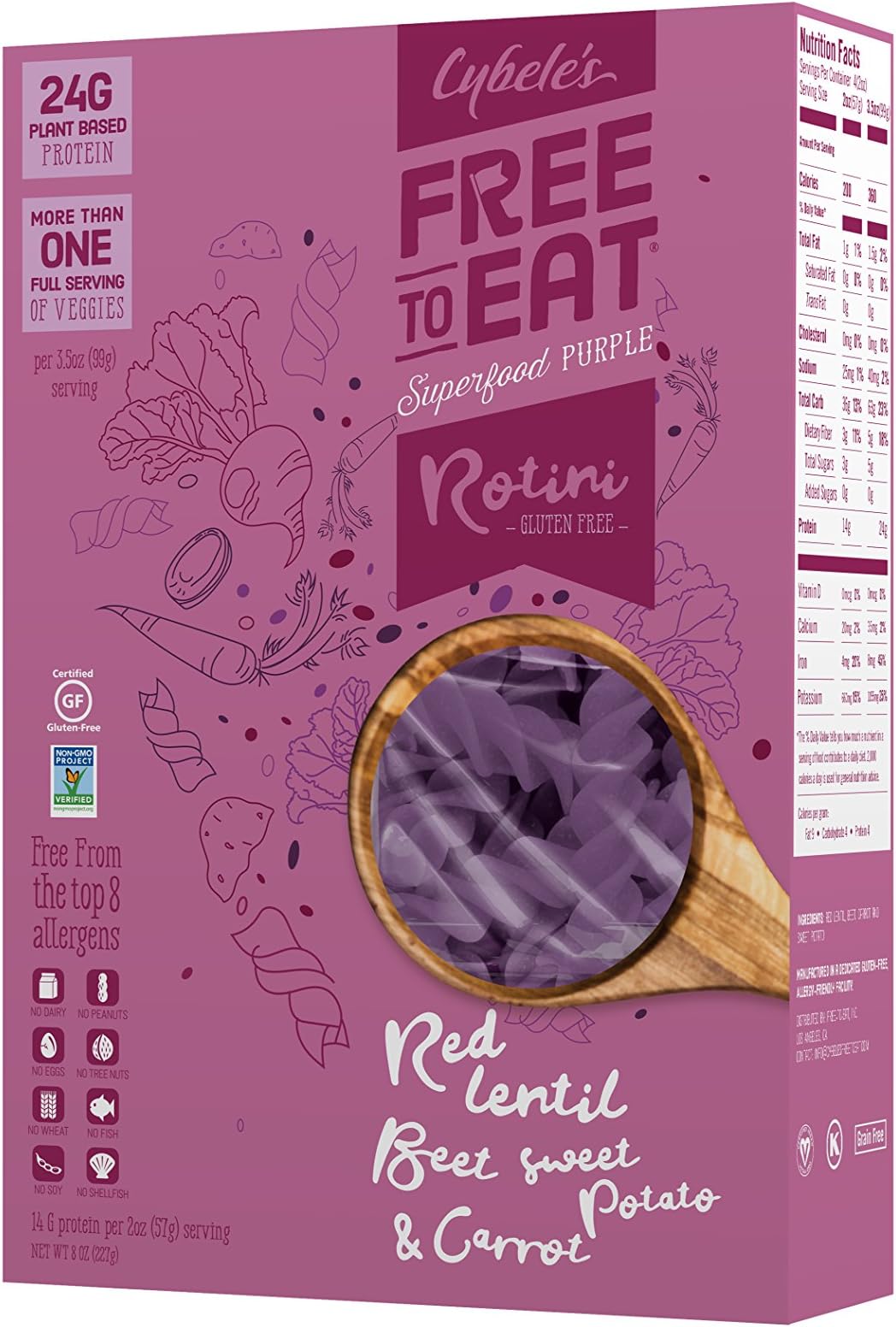 Cybele's Free to Eat Gluten Free & Grain Free Pasta | Superfood Purple, Rotini | High in Plant Based Protein | Dairy Free, Nut Free, Soy Free, Allergen Free, Non GMO, Vegan | 8oz Box (Pack of 6)
