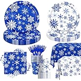 Snowflake Party Decorations Tableware,142pcs Blue White Winter Snowflake Paper Plates and Napkins Tablecloth Cup Disposable Birthday Party Decorations for Winter Holiday Christmas