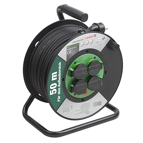 Meister Kabeltrommel H05RR-F3G1,5, IP44 - 50 m Kabel - Thermoschutz-Schalter - Outdoor / Kabelrolle mit 4 Schuko-Steckdosen /
