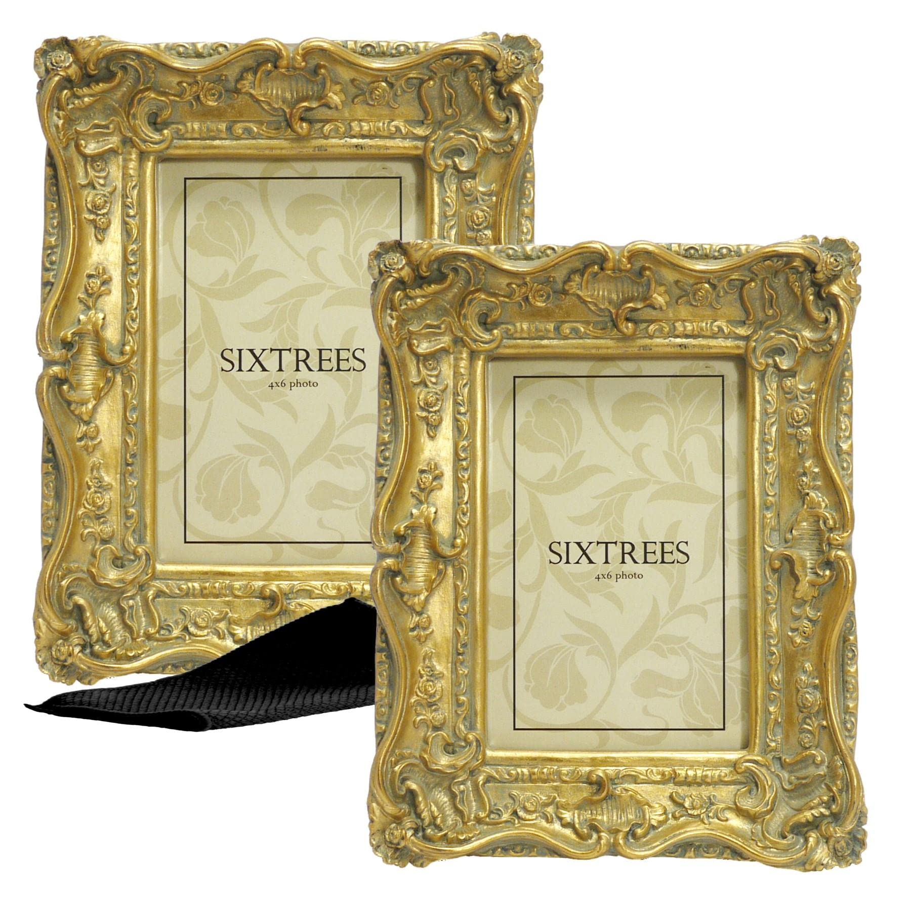 A Twinpack of Sixtrees Chelsea 5-250-46 Ornate Vintage Swept Shabby Chic Gold 6x4 inch Photo frames - with Microfibre glass cleaning cloth.