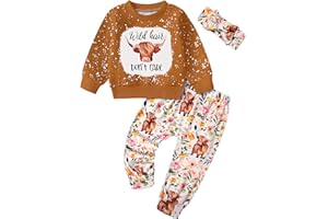 ADIFUN Toddler Girl Clothes Fall Winter Outfits Wild Hair Don't Care Highland Cow Sweatshirt Pants Western Cowgirl Outfit