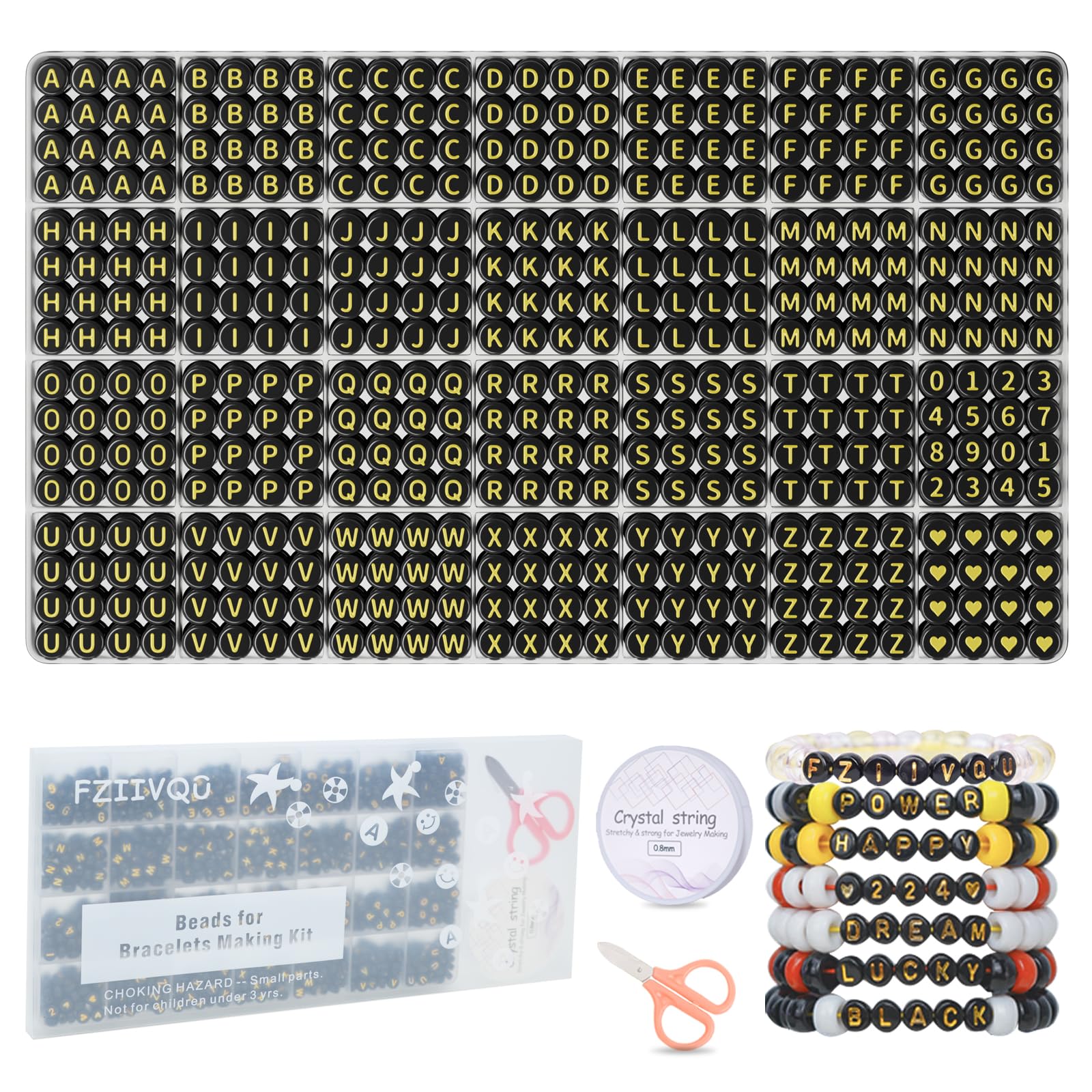FZIIVQU 1450 Piece Letter Beads Kit, 4x7mm Black Round Acrylic Alphabet Beads, A-Z Heart Pattern & Number Beads, Ideal for Bracelets, Unisex, All Ages