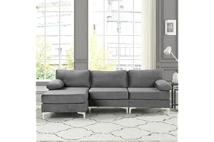 Casa Andrea Milano Modern Large Velvet Fabric Sectional Sofa, L-Shape Couch with Extra Wide Chaise Lounge, Grey