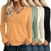 Huukeay 4 Pack Women's V Neck Long Sleeve T Shirts Basic Tops Casual Fall Loose Fit Blouse Tee Clothes Fashionable Outfits