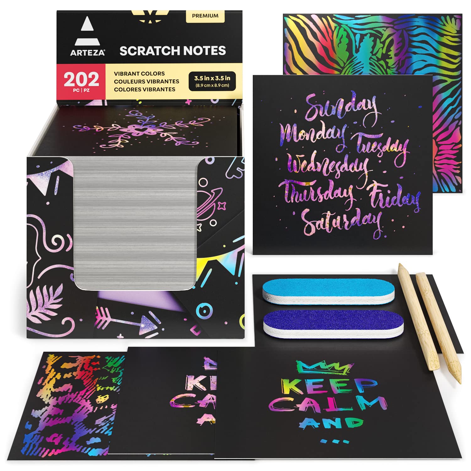 ARTEZA Scratch Paper Notes, Set of 202 Sheets, 3.5"x3.5" inches 200 Rainbow Notes & 2 Space Patterned Notes, Include 2 Scratchers, 2 Sharpeners, Art & Craft DIY Projects