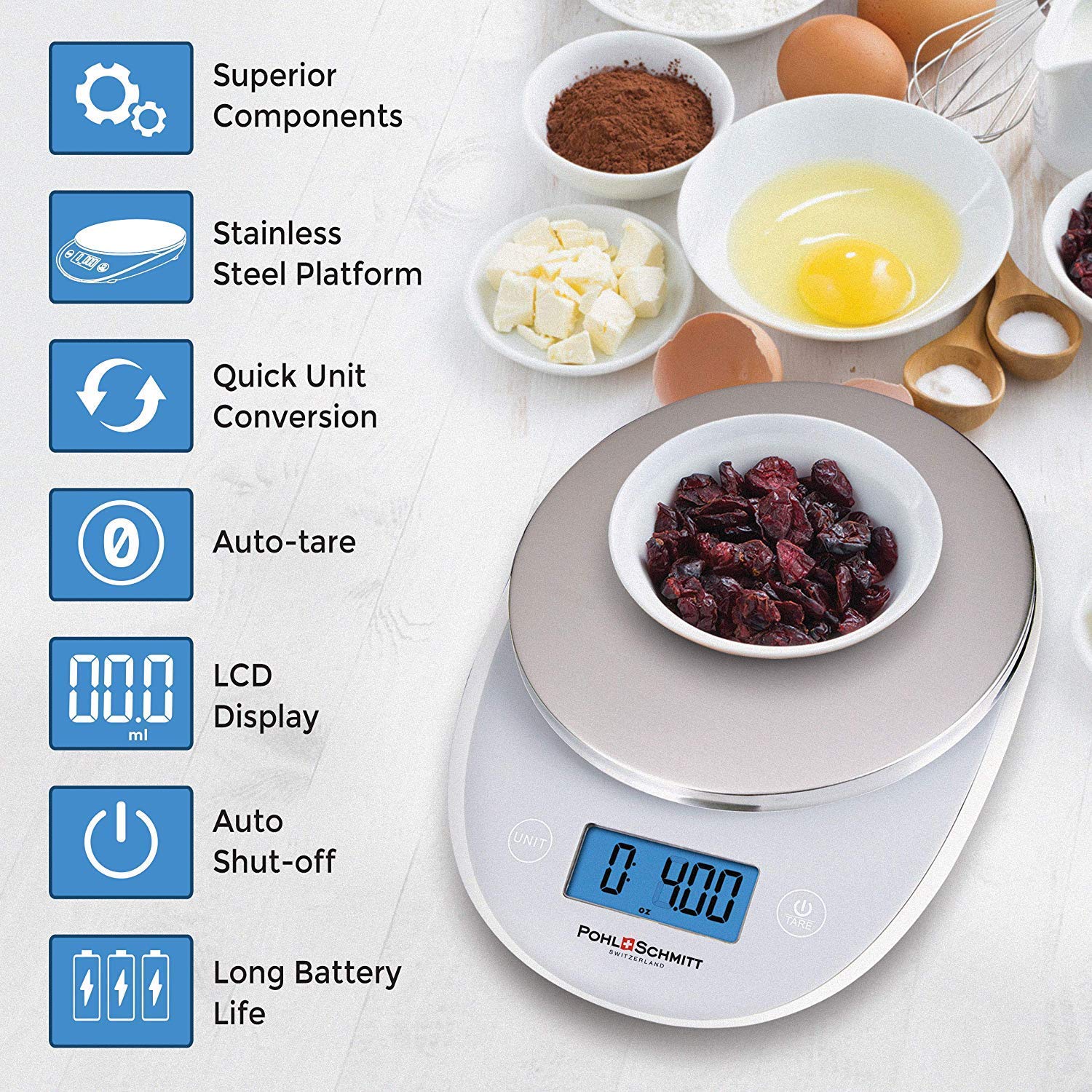 Pohl+Schmitt Digital Food Kitchen Scale, Multifunctional Weight Measuring for Cooking and Baking in Grams/Ounces, Auto Shut-Off, Stainless Steel (Batteries Included) (Silver): Industrial & Scientific