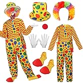 Liitrsh 7 Pcs Halloween Adult Clown Costume Set Includes Halloween Accessories Rainbow Clown Wig Nose White Gloves Bag Clown Shoes Hat for Men Cosplay Party Circus Props Carnival Favors