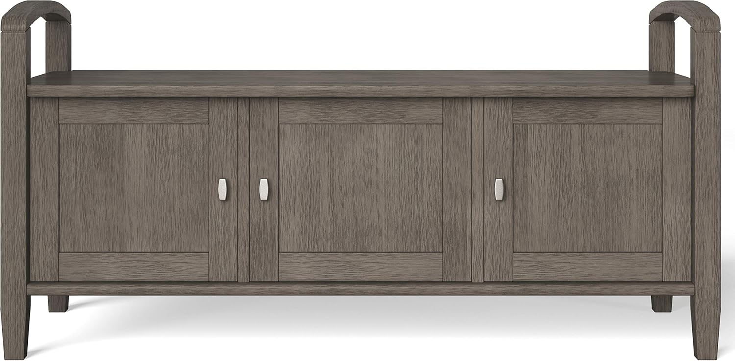 Simpli Home Warm SOLID WOOD 44 inch Wide Entryway Storage Bench with 3 Doors, Multifunctional, Rustic, in Farmhouse Grey: Furniture & Decor