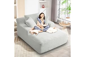 GOHFOY Oversized Chaise Lounge Chair Indoor, 50'' Comfy Corduroy Couch, Upholstered Sleeper Sofa Couch with 3 Pillows, Boneless Chair, Recliner Reading Chairs Fluffy Cloud Couches(Light Grey)