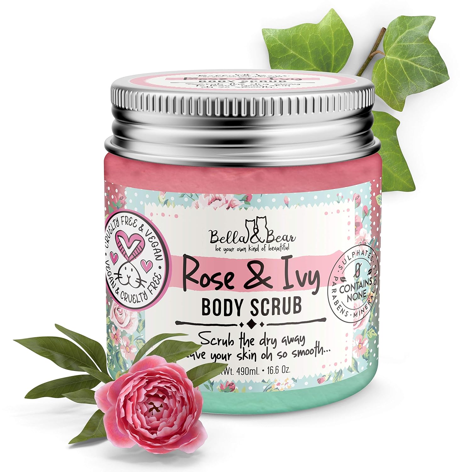 Bella and Bear Rose & Ivy Body Scrub Exfoliator - Cruelty-Free - Vegan (7oz) : Beauty