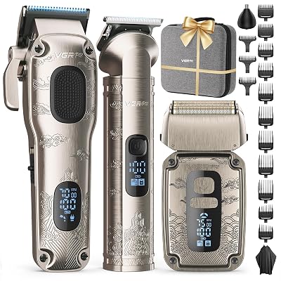 Hair Clipper & Trimmer Set for Men Professional, Waterproof Electric Razor Foil Shaver for Men Face Beard, Cordless for Hair Cutting, 4-Speed Setting, LED Battery Display, Barber or Home Use (Silver)