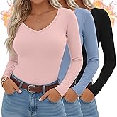 Sweetyweee 3 Pack Women's Thermal Shirts Long Sleeve V Neck Fleece Lined Undershirts Slim Fit Basic Tops Fall Winter Clothes