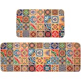JDGHGB Mexican Talavera Kitchen Rugs Sets of 2,Tile Print Colorful Kitchen Rugs Non Slip Washable Mexican Talavera Decor for Home Kitchen Laundry
