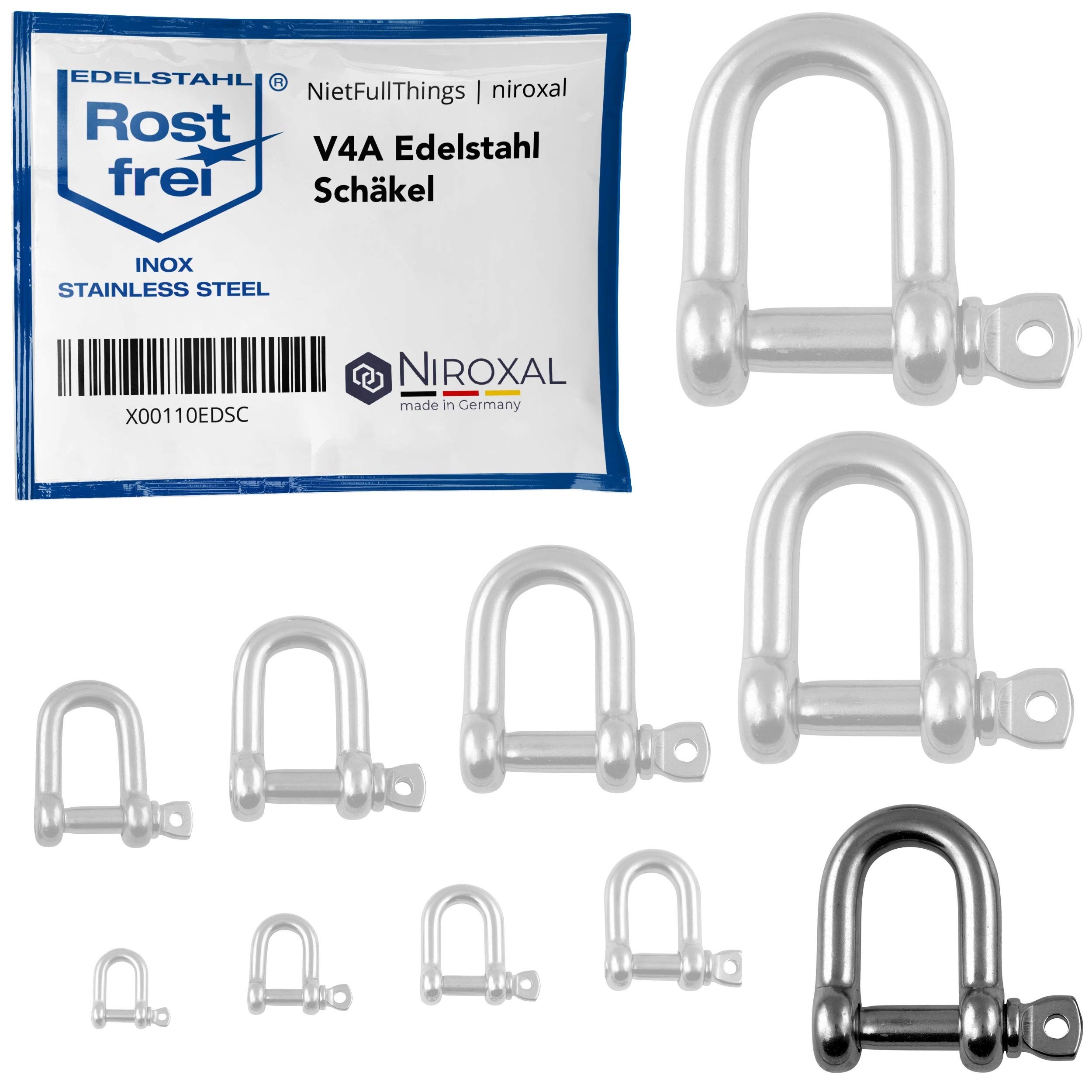 NietFullThings 1 pieces 13-mm Stainless steel shackles made of V4A short straight robust shape breaking load 9.000 kg Shackles 13x46,5-mm — image 1