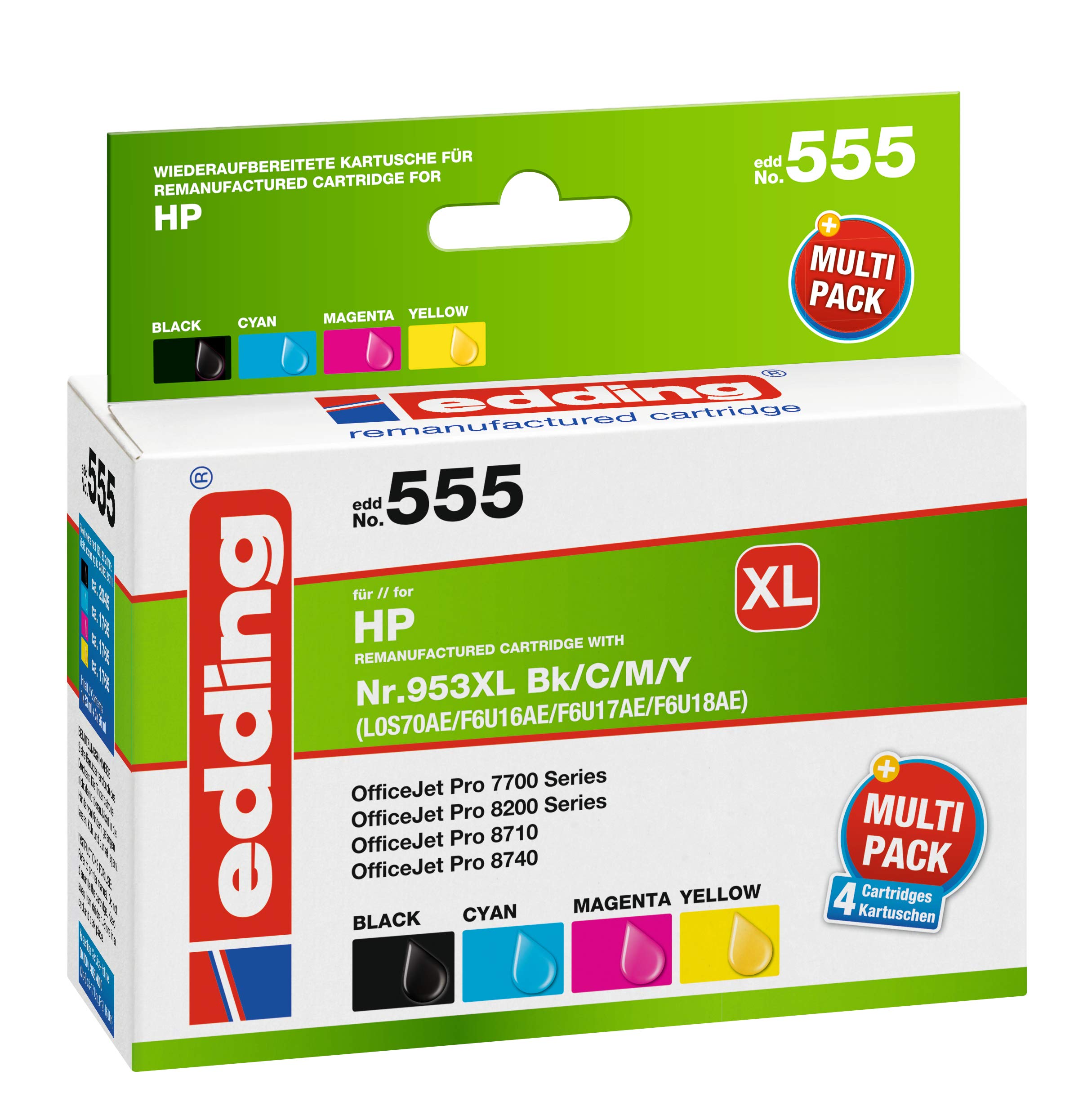 edding EDD-555 Printer Cartridge Replaces HP 953XL (L0S70/F6U16/F6U17/F6U18) Multipack 4 - Black, Cyan, Magenta, Yellow - Contents: 1x 53 ml + 3x 26 ml