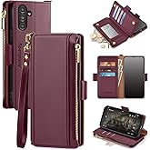 Antsturdy Compatible with Samsung Galaxy A13 5G Case Wallet with Card Holder Women Men Phone Case RFID Blocking PU Leather Flip Folio Shockproof Cover Wrist Strap Zipper Credit Card Slots,Wine Red