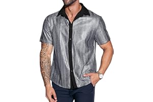 Runcati Mens Disco Shirt 70s Shirts Short Sleeve Button Down Vintage Sequin Metallic Disco Outfits Party Costume Top