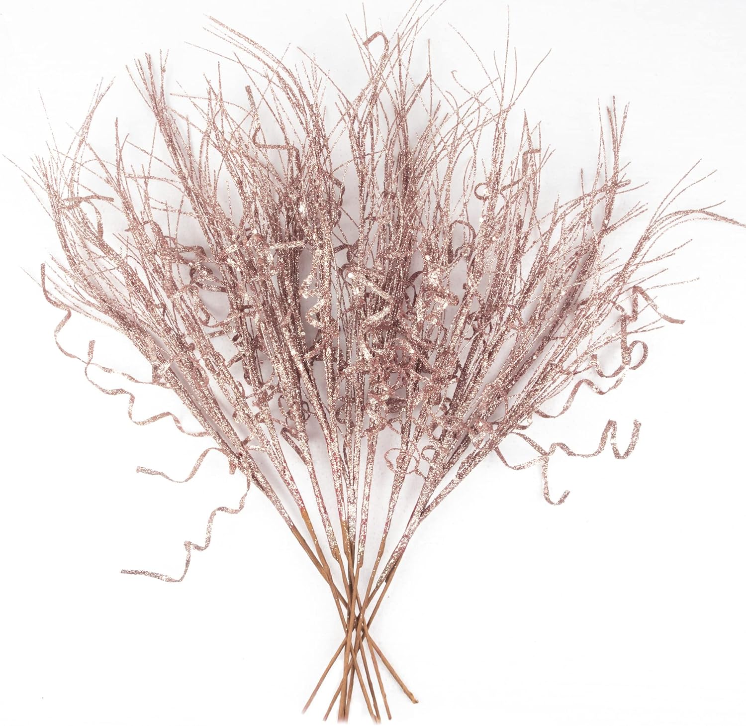 Tree Toppers - KI Store Glitter Curly Christmas Spray Set of 12 Rose Gold Wispy Willow Christmas Picks for Christmas Tree Wreath Garland Bouquet Tree Topper Decoration